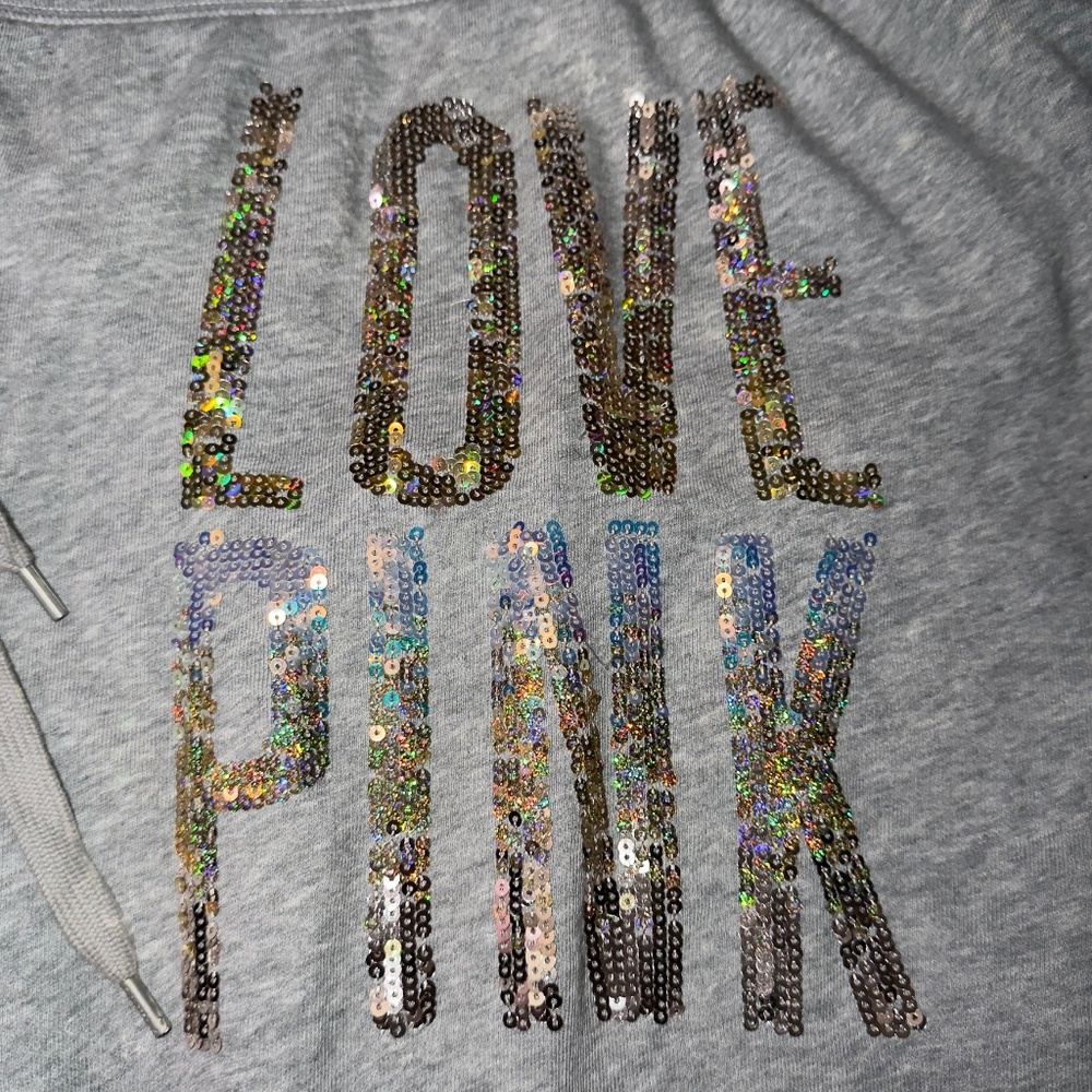 PINK Victoria’s Secret Medium Gray Jogger Sweatpants Gold Silver Sequin Logo Y2K - Picture 9 of 11